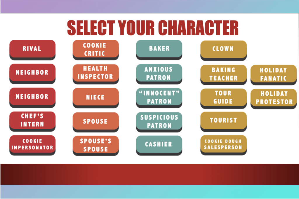 Choose murder mystery Character holiday team building event