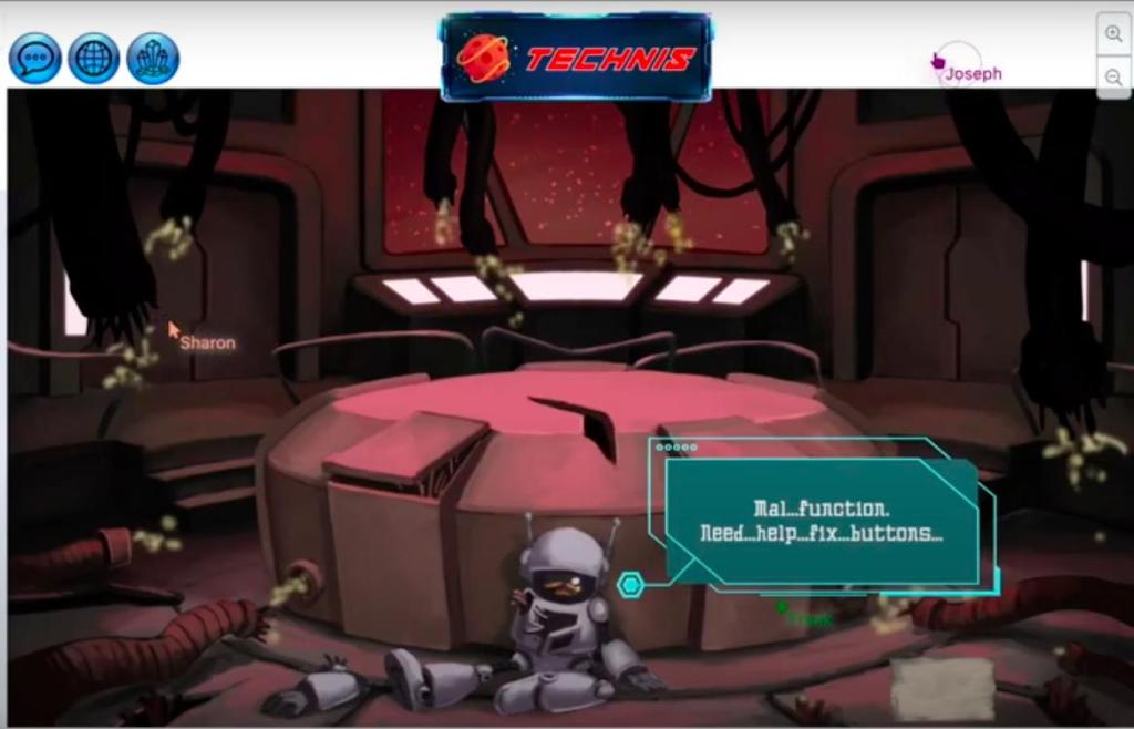 Robot in high tech online team building escape room game.